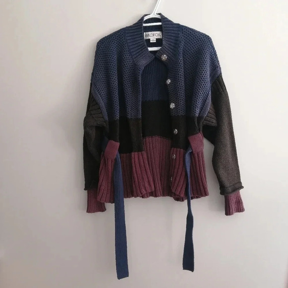 Wildfox Barb Chunky Knit Jacket Colourblock Cardigan with Waist Tie Small - Picture 4 of 16